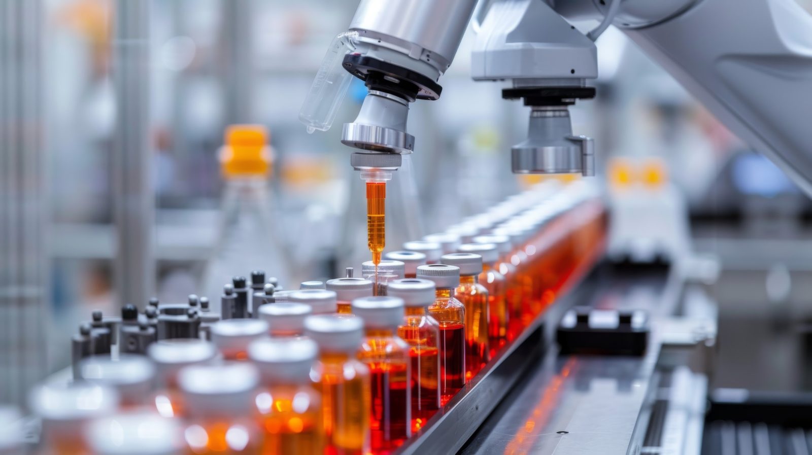 Pharma & Life Science Web Design Robotic arm filling pharmaceutical vials on an automated production line